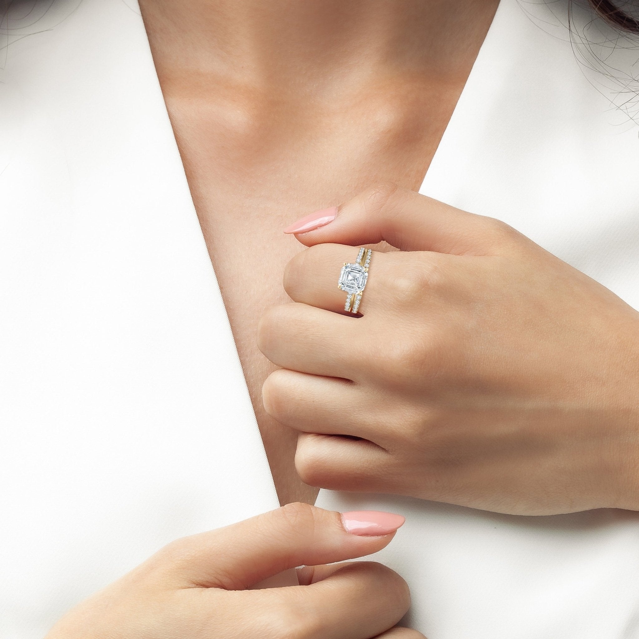 Asscher Solitaire and Pave Ring Finished in Gold - CRISLU