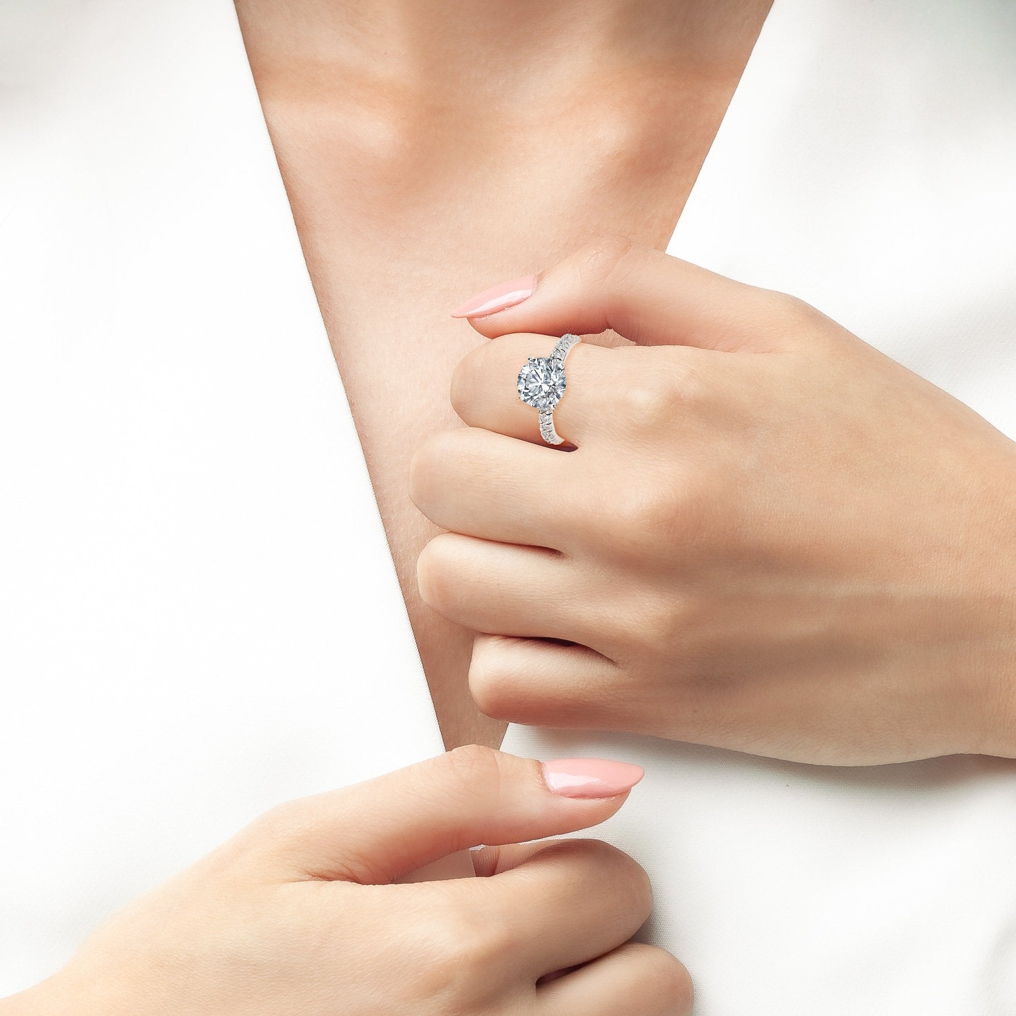 Brilliant Solitaire Ring with Pave Band Finished in Platinum - CRISLU