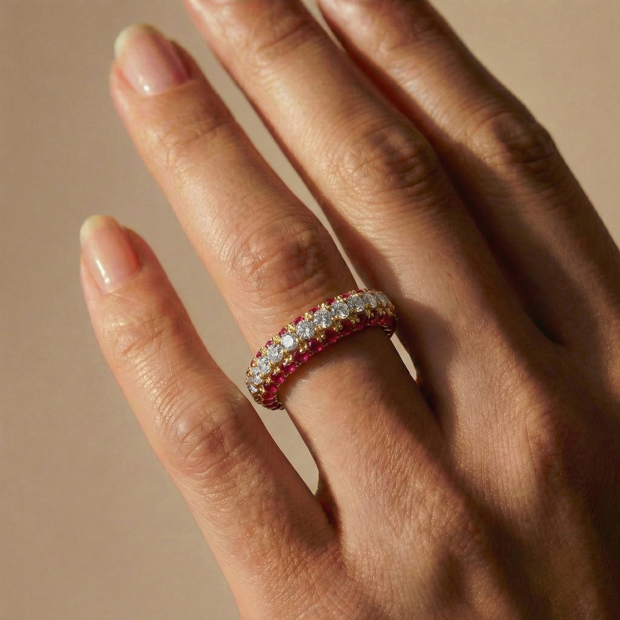 Clear And Ruby Color Round Cut Eternity Band Ring - CRISLU