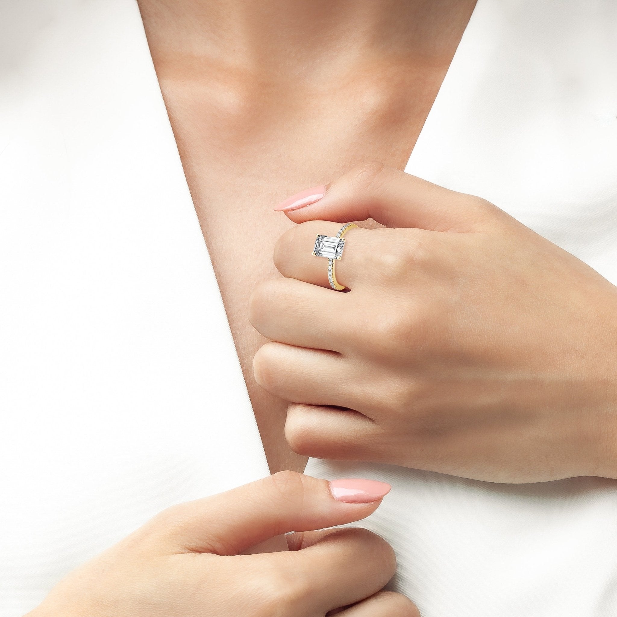 Emerald Step Cut Engagement Ring Finished in Gold - CRISLU