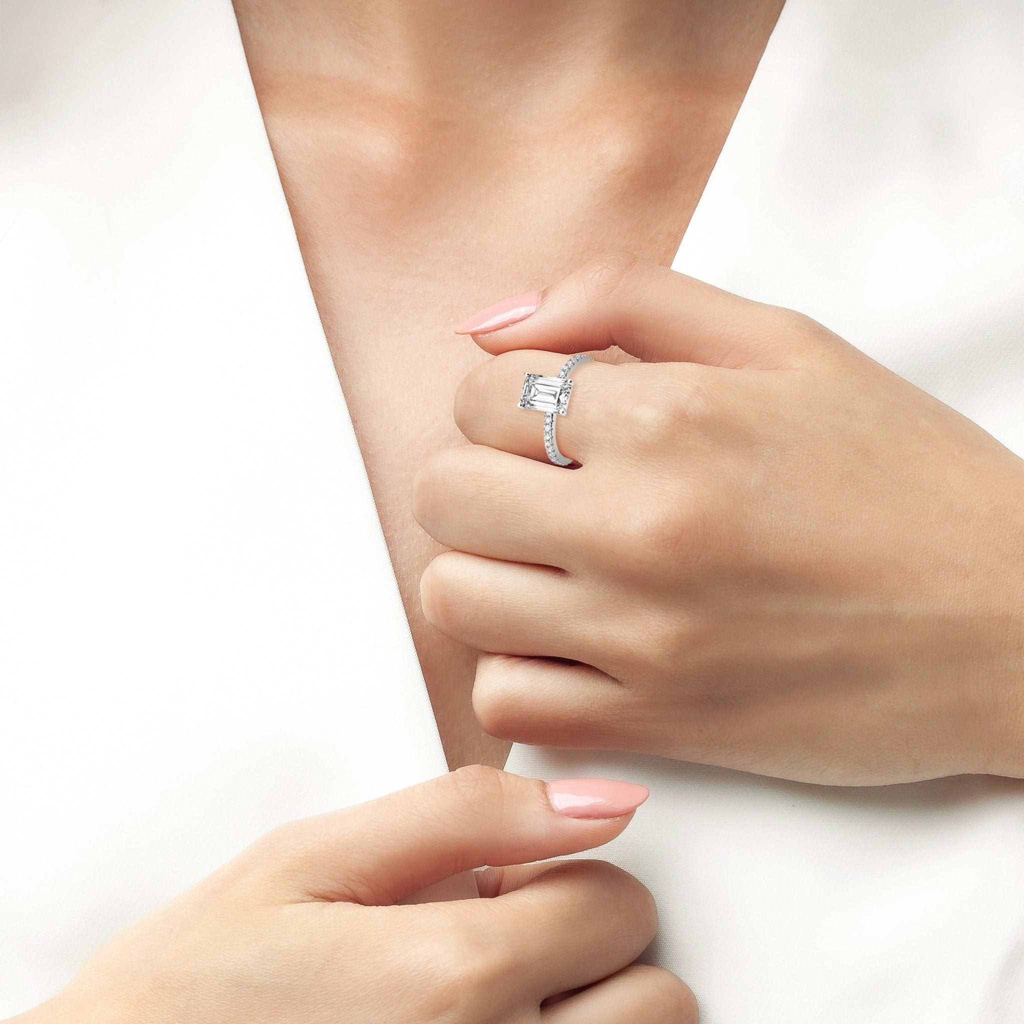 Emerald Step Cut Engagement Ring Finished in Platinum - CRISLU