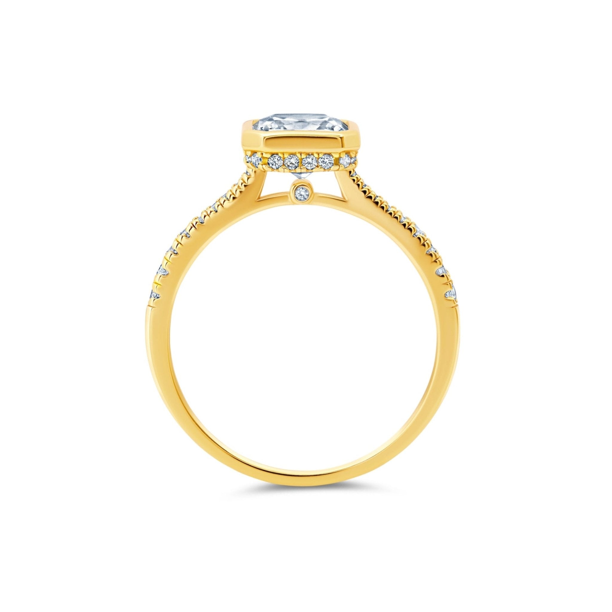 Evermore Bezel Halo Princess Solitaire Ring Finished in Gold - CRISLU