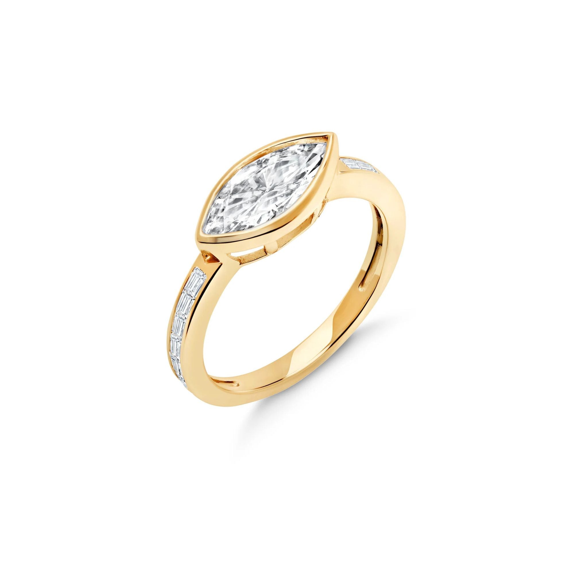 Marquise Solitaire w/ Baguette Accent Band Ring Set Finished in 18kt Yellow Gold - CRISLU