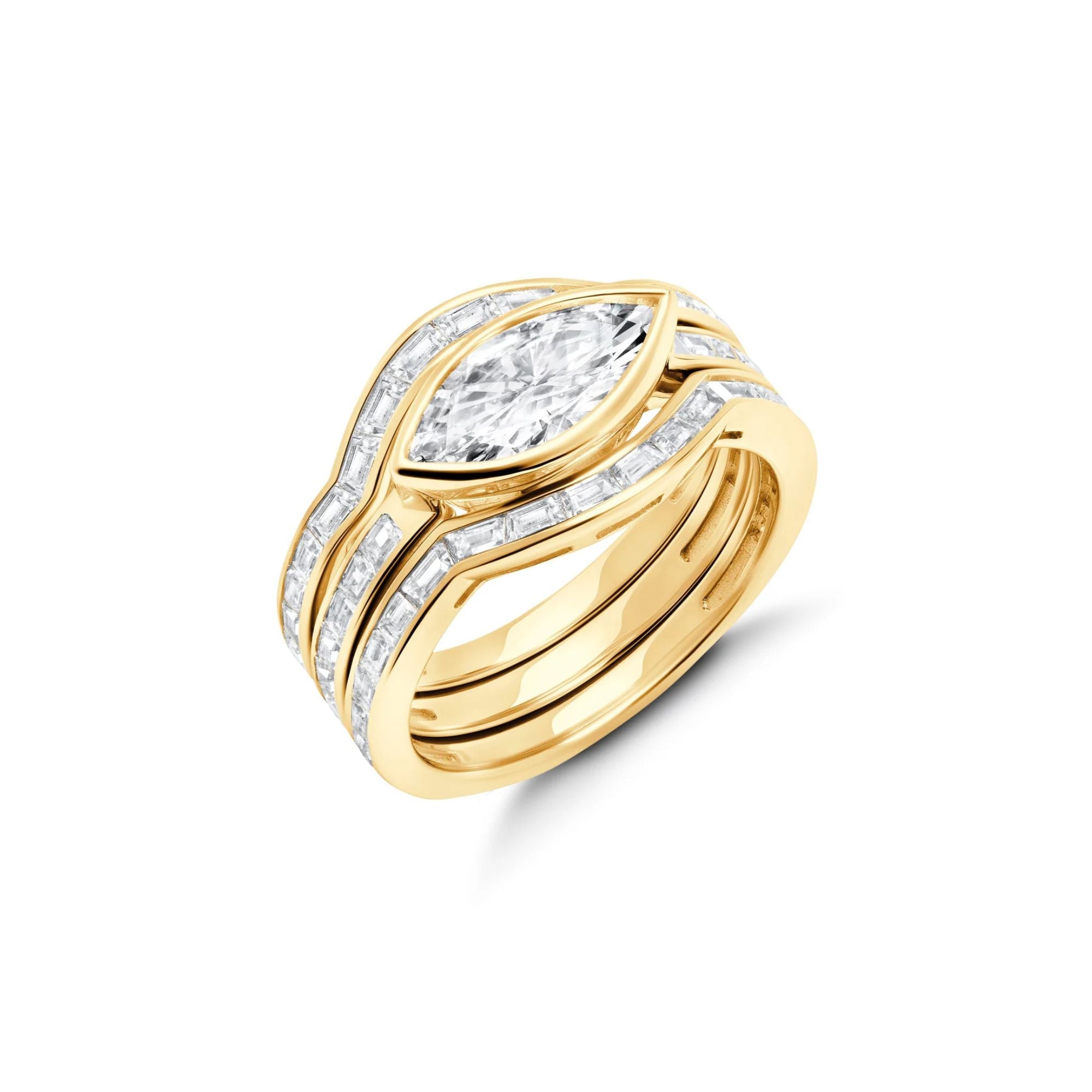 Marquise Solitaire w/ Baguette Accent Band Ring Set Finished in 18kt Yellow Gold - CRISLU