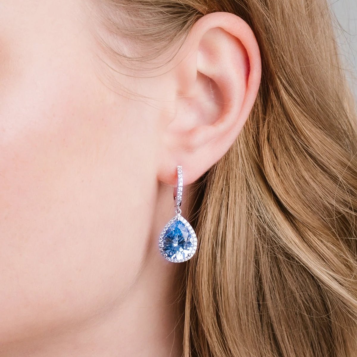 Pear Drop Blue Quartz Earrings Finished in Pure Platinum - CRISLU
