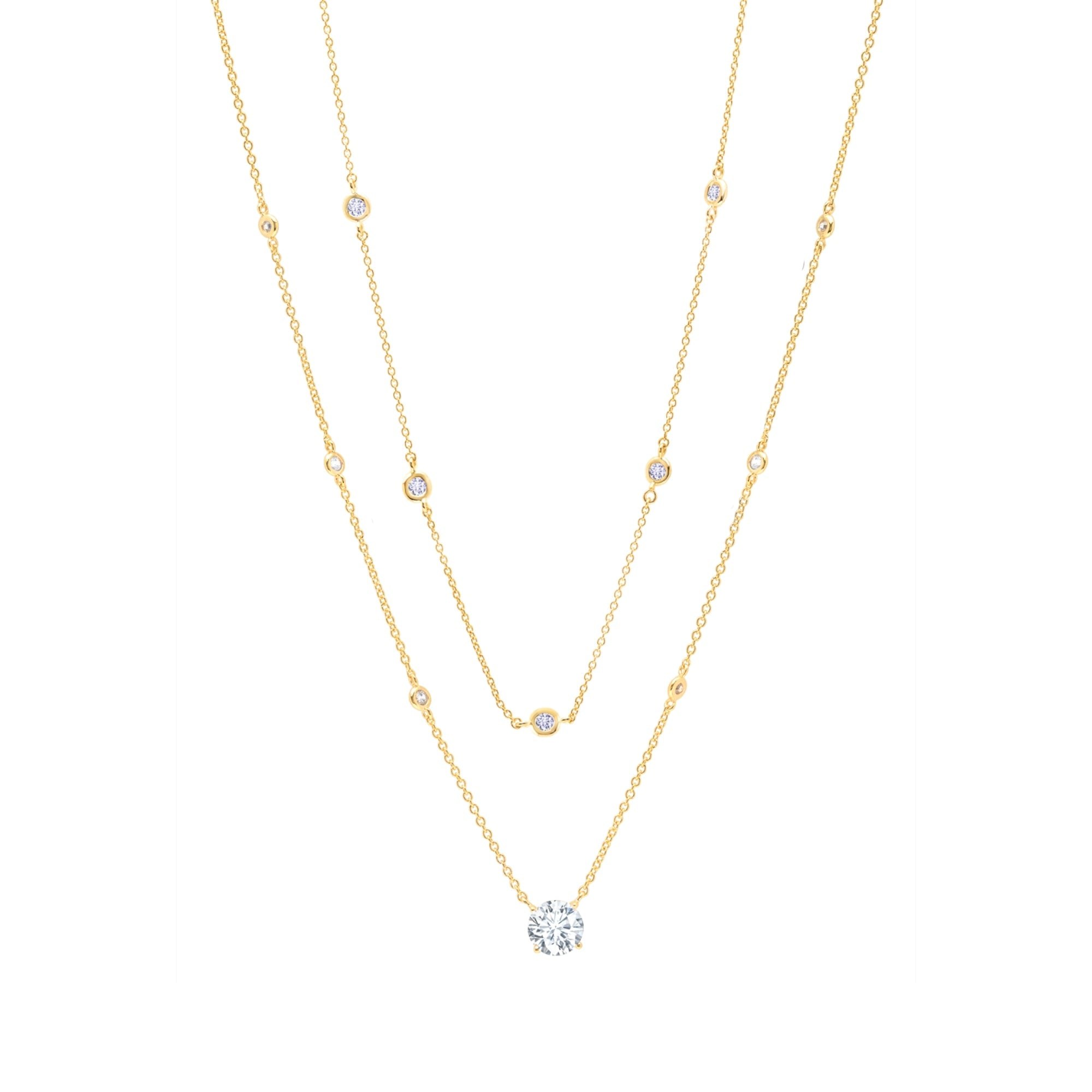 Solitaire Double Layered Necklace Finished in Gold - CRISLU