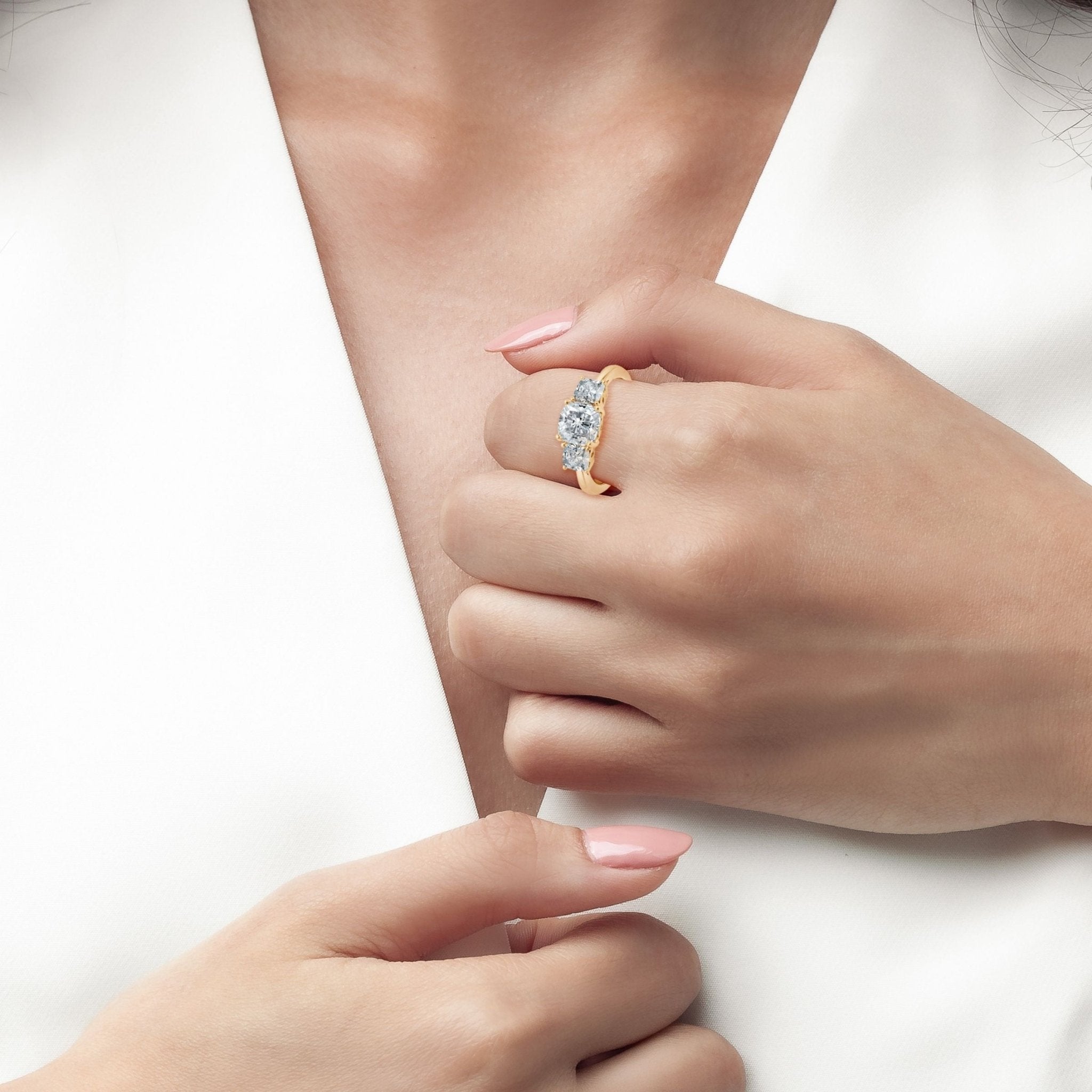 Three Stone Cushion Cut Ring Finished in Gold - CRISLU