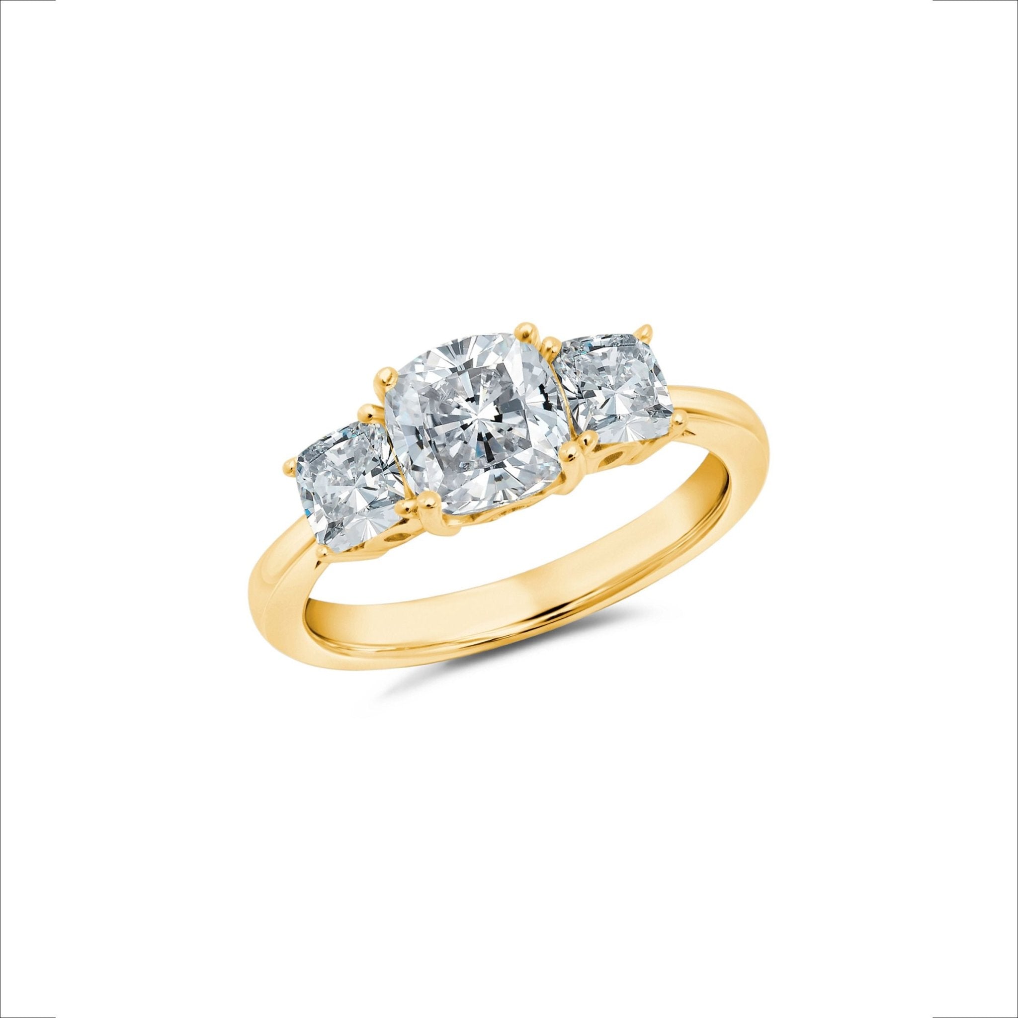 Three Stone Cushion Cut Ring Finished in Gold - CRISLU