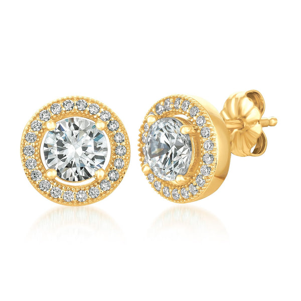 Brilliant Cut Stud Earrings With Halo Finished in 18kt Yellow Gold - CRISLU