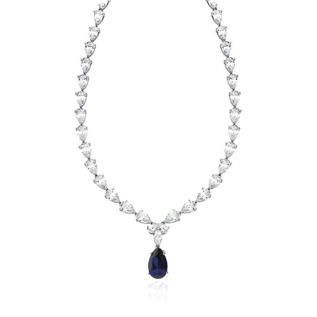 Classic Pear Tennis Necklace Finished in Pure Platinum With Sapphire - CRISLU