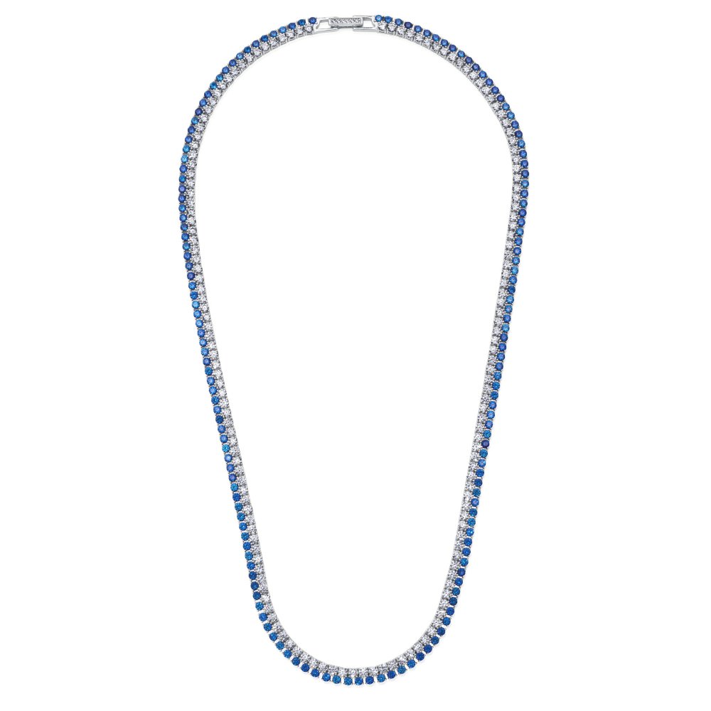 Double Row Clear And Sapphire Color Round Cut 18'' Tennis Necklace - CRISLU