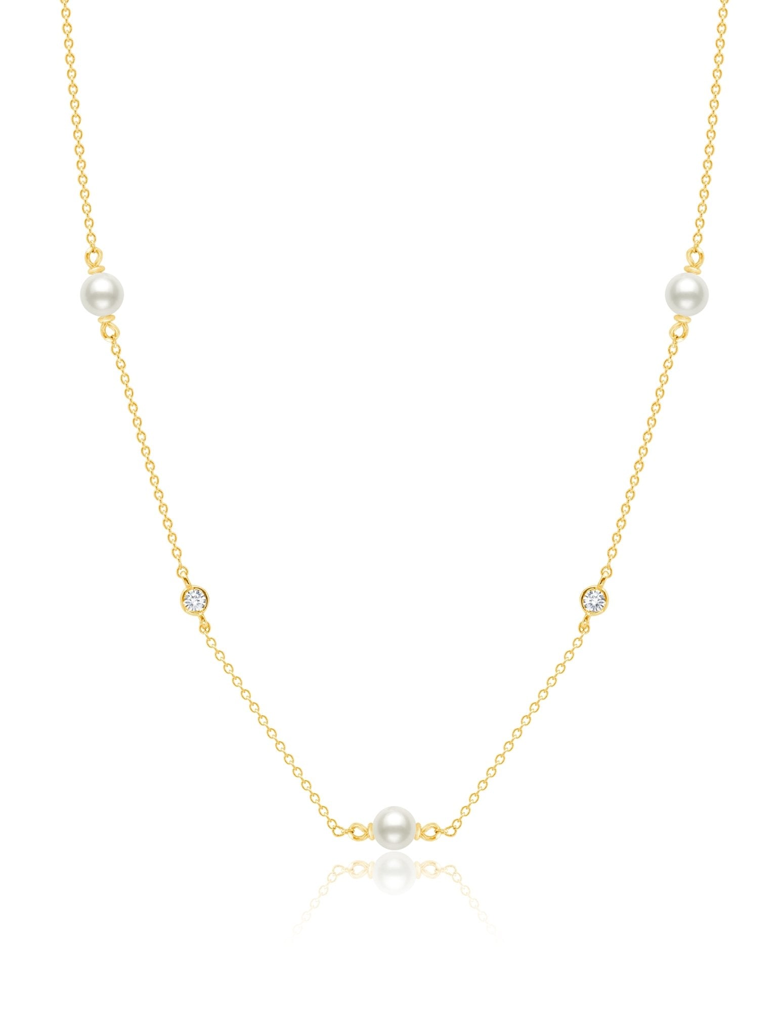 Genuine Pearl 16"Multi Station Necklace accented with Bezel Set CZ in 18kt Yellow Gold - CRISLU