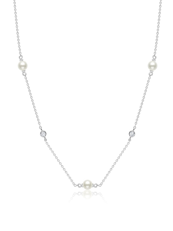 Genuine Pearl 16"Multi Station Necklace accented with Bezel Set CZ in Platinum - CRISLU