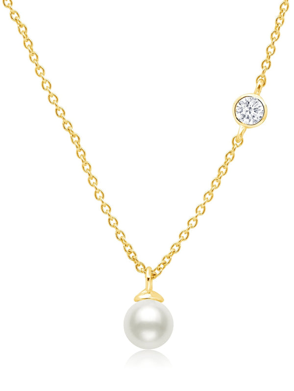 Genuine Pearl Drop Pendant accented with Bezel Set Cubic Zirconia In 18kt Yellow Gold - CRISLU