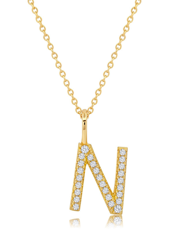 Initial Pendent Necklace Charm Letter N Finished in 18kt Yellow Gold - CRISLU