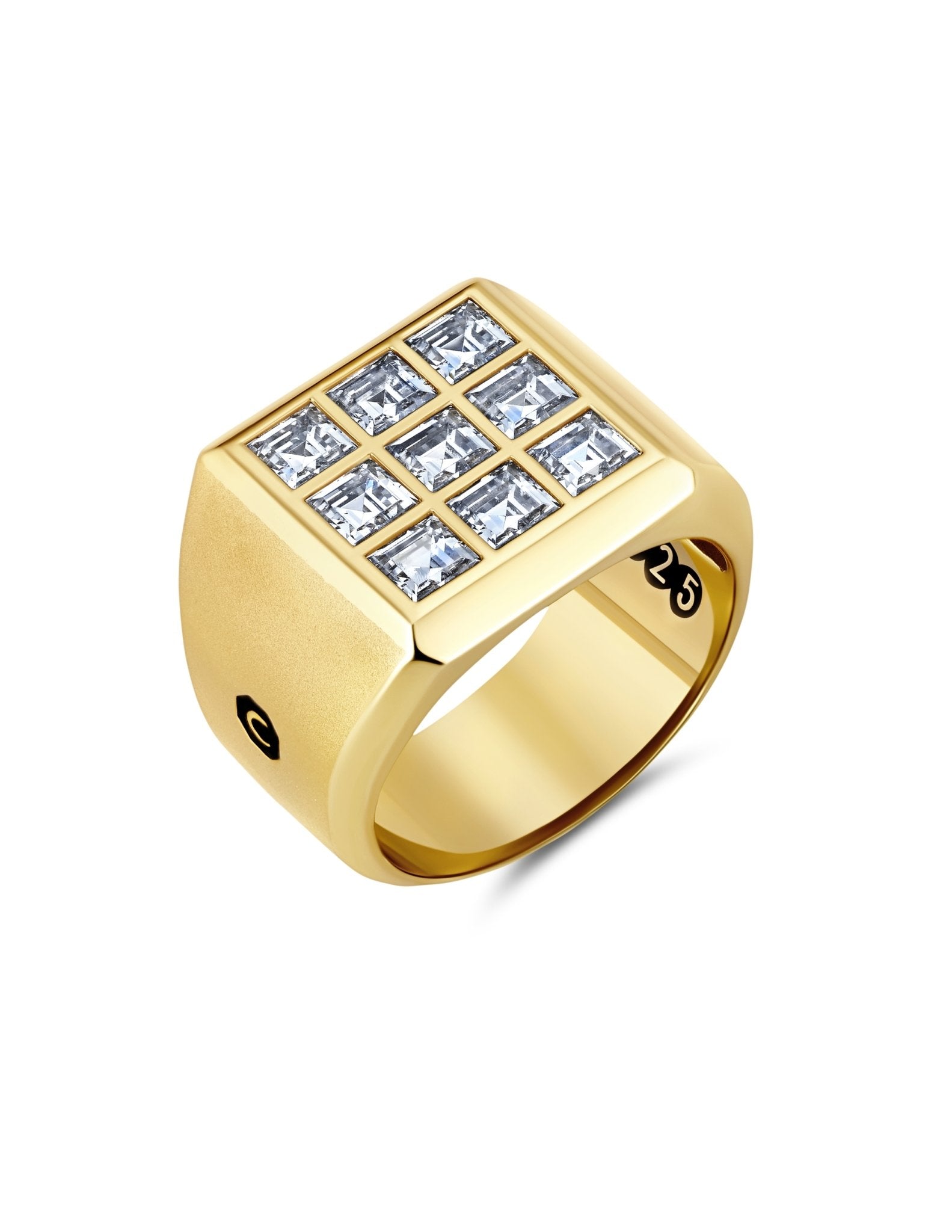 Mens 9 Stone Square Cut Signet Ring Finished in 18kt Yellow Gold - CRISLU