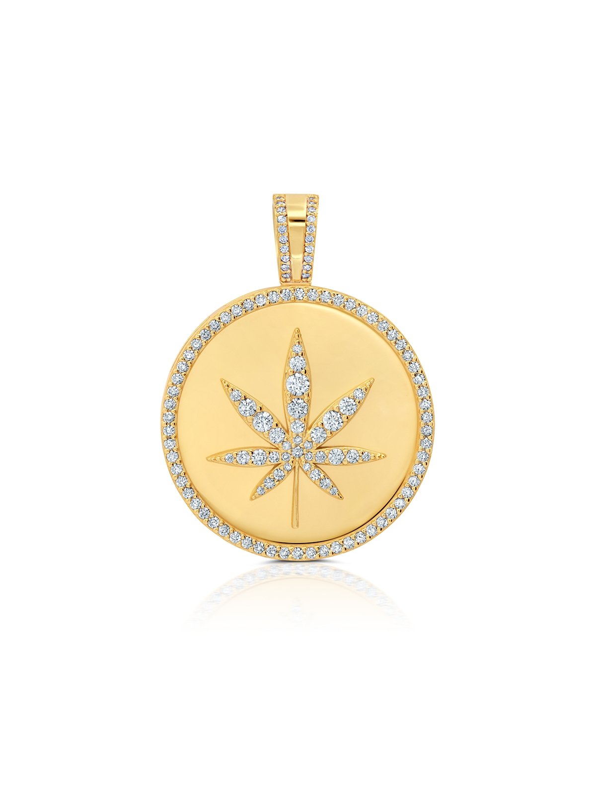 Mens Cannabis Medallion Pendant With Matching Backplate And Round Cut Stone Borders - CRISLU