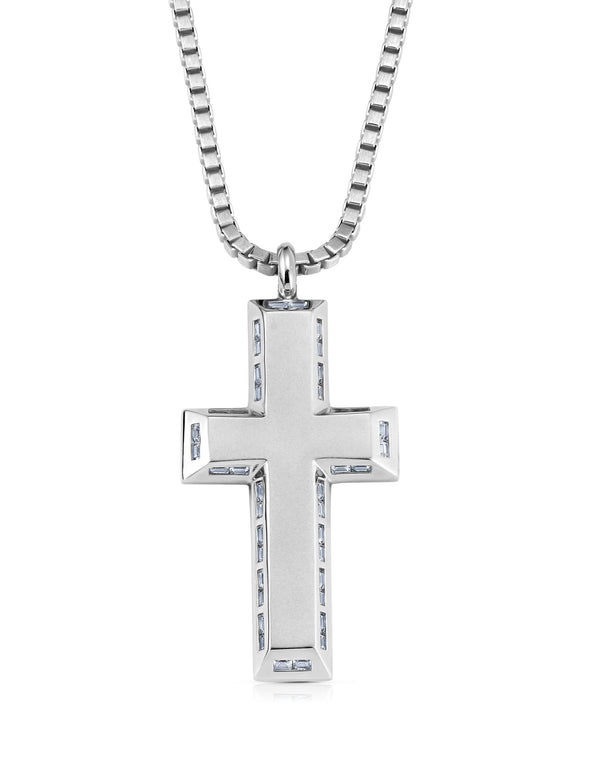 Mens Matte Box Chain Cross Necklace with Baguettes Finished in Pure Platinum - CRISLU