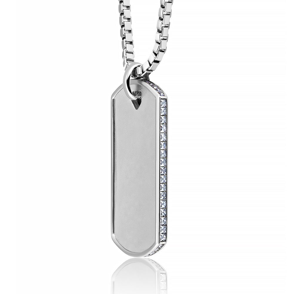 Mens Matte Box Chain Dog Tag Necklace with Baguettes Finished in Pure Platinum - CRISLU