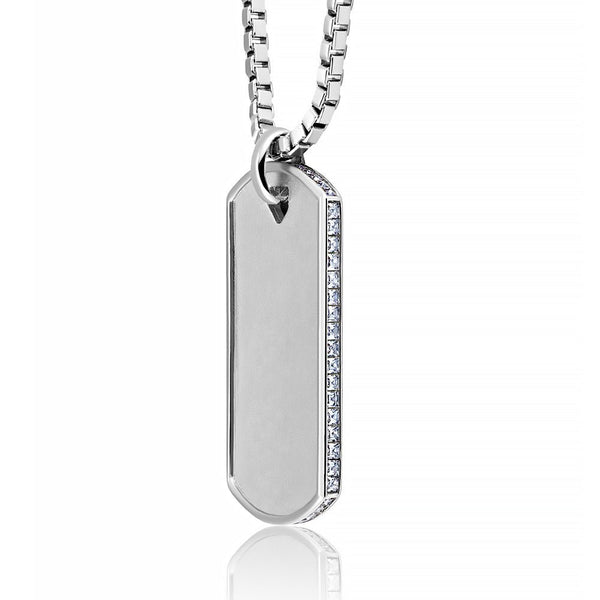 Mens Matte Box Chain Dog Tag Necklace with Baguettes Finished in Pure Platinum - CRISLU
