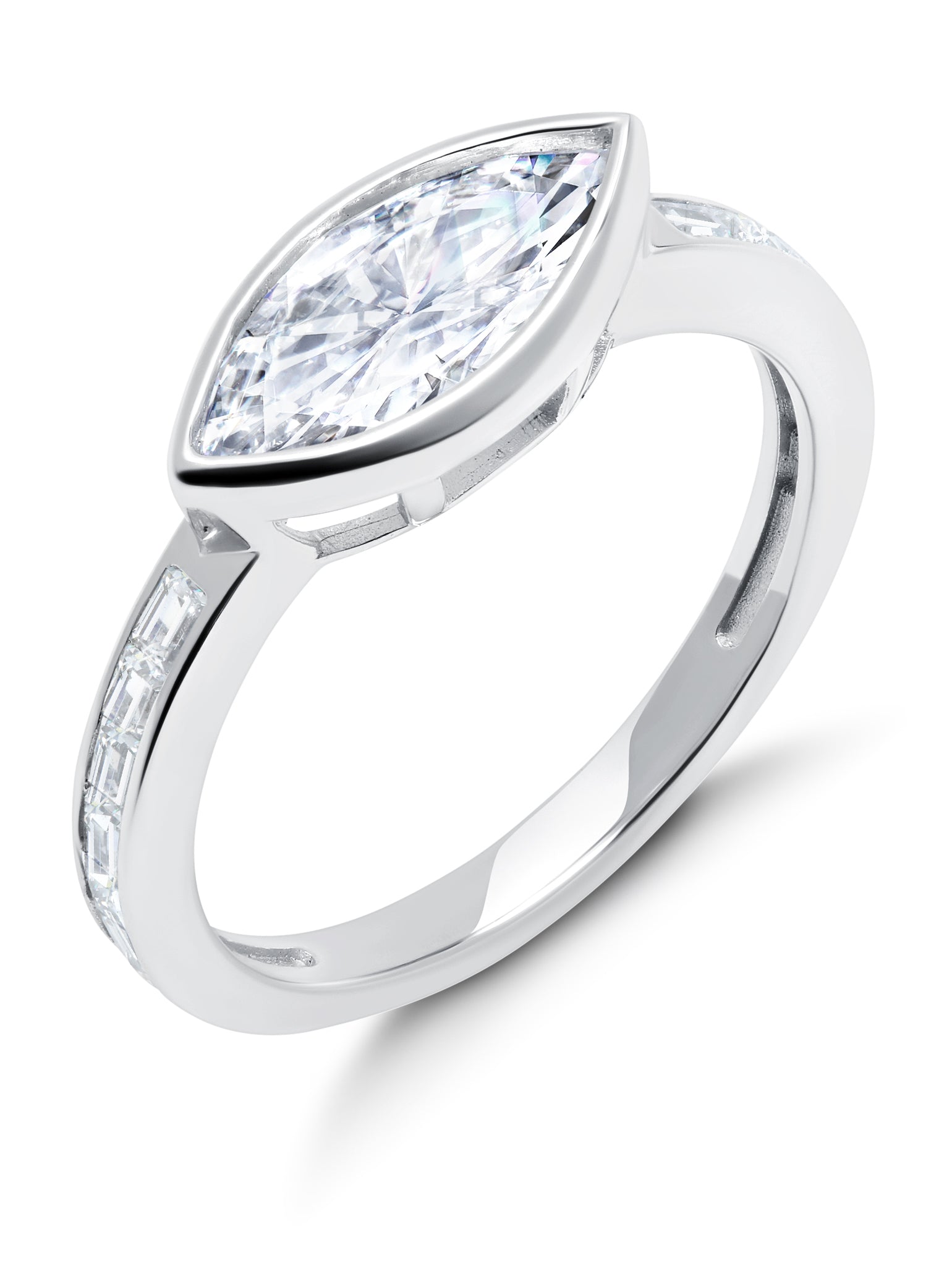 Platinum Marquise Solitaire w/ Baguette Accent Band Ring Set Finished in Pure Platinum - CRISLU