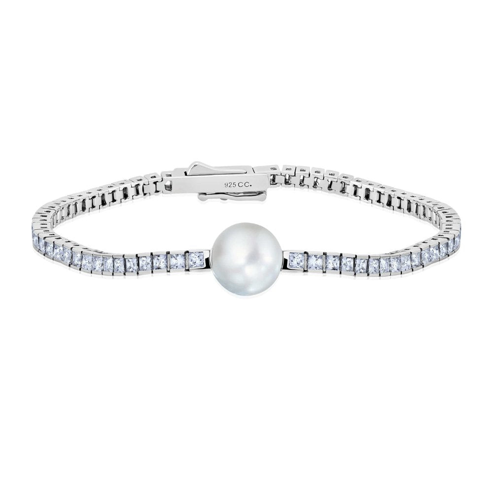 Princess Cut 7'' Tennis Bracelet With White Centered Pearl - CRISLU