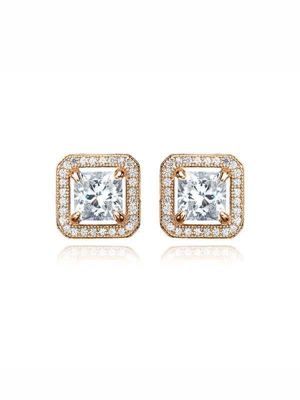 Princess Cut Stud Earrings With Halo Finished in 18kt Rose Gold - CRISLU