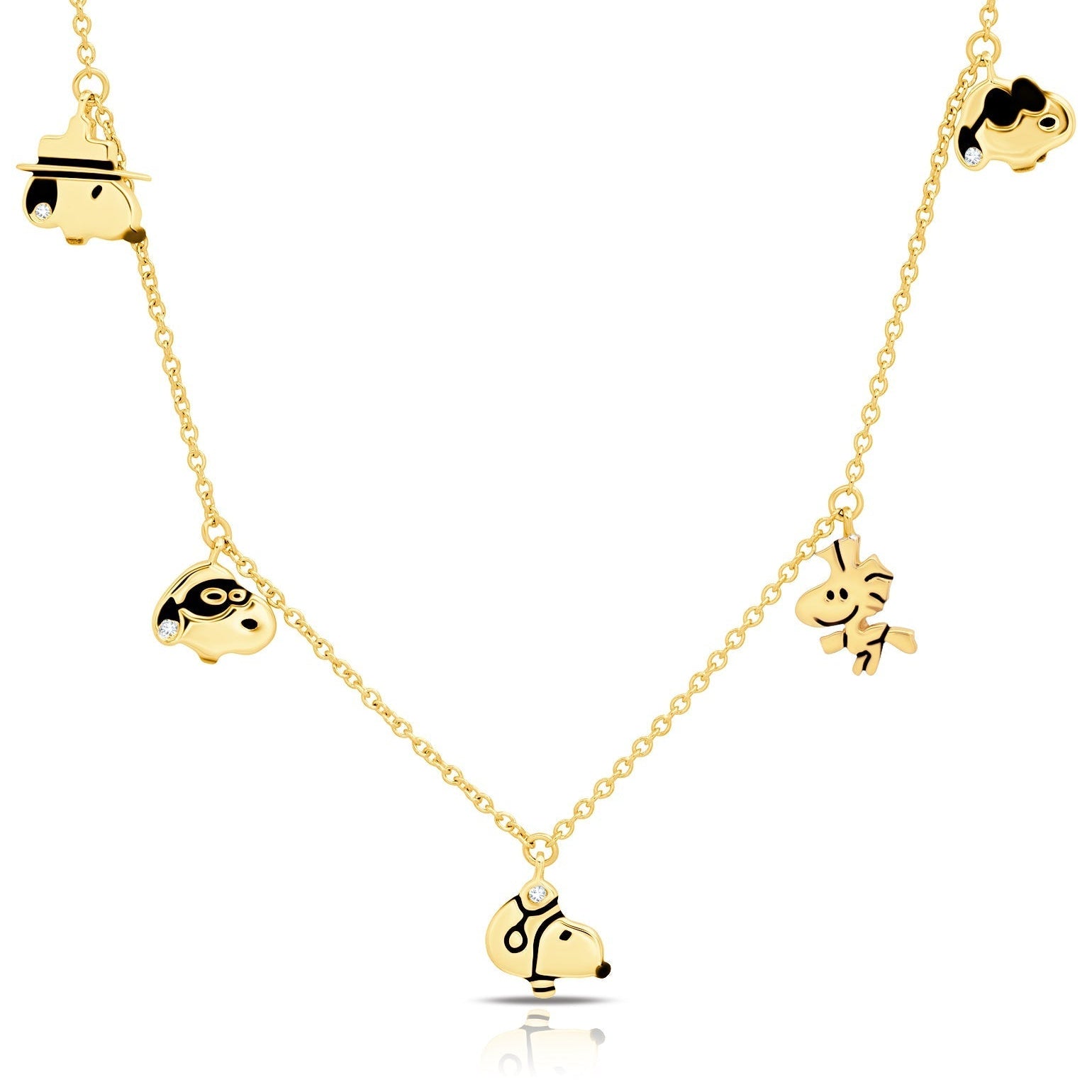 Snoopy & Woodstock .925 Sterling Silver Charm Necklace Finished in 18kt Yellow Gold - CRISLU