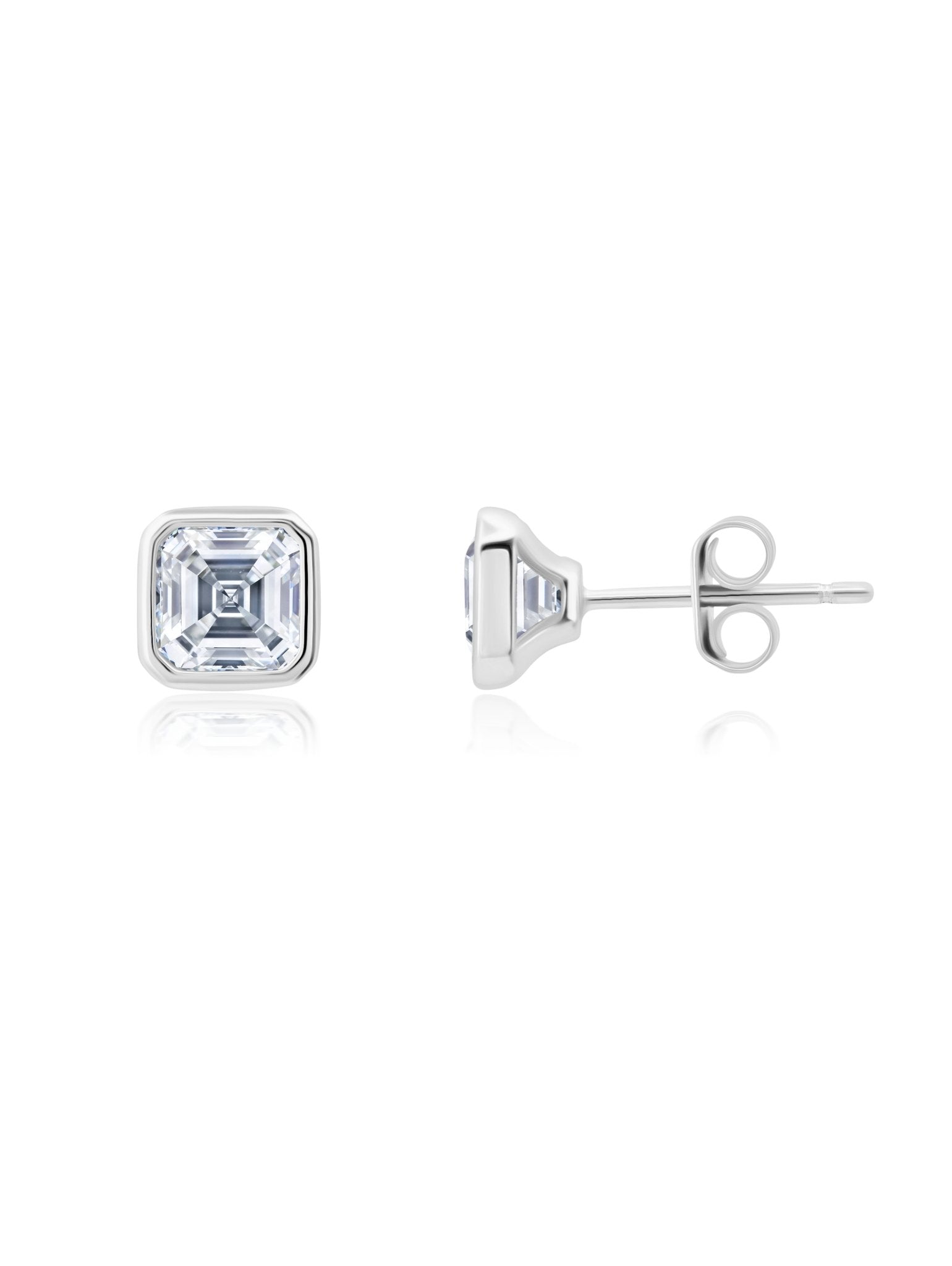 Solitaire Bezel Set Asscher Stud Earrings Finished In Pure Platinum - CRISLU