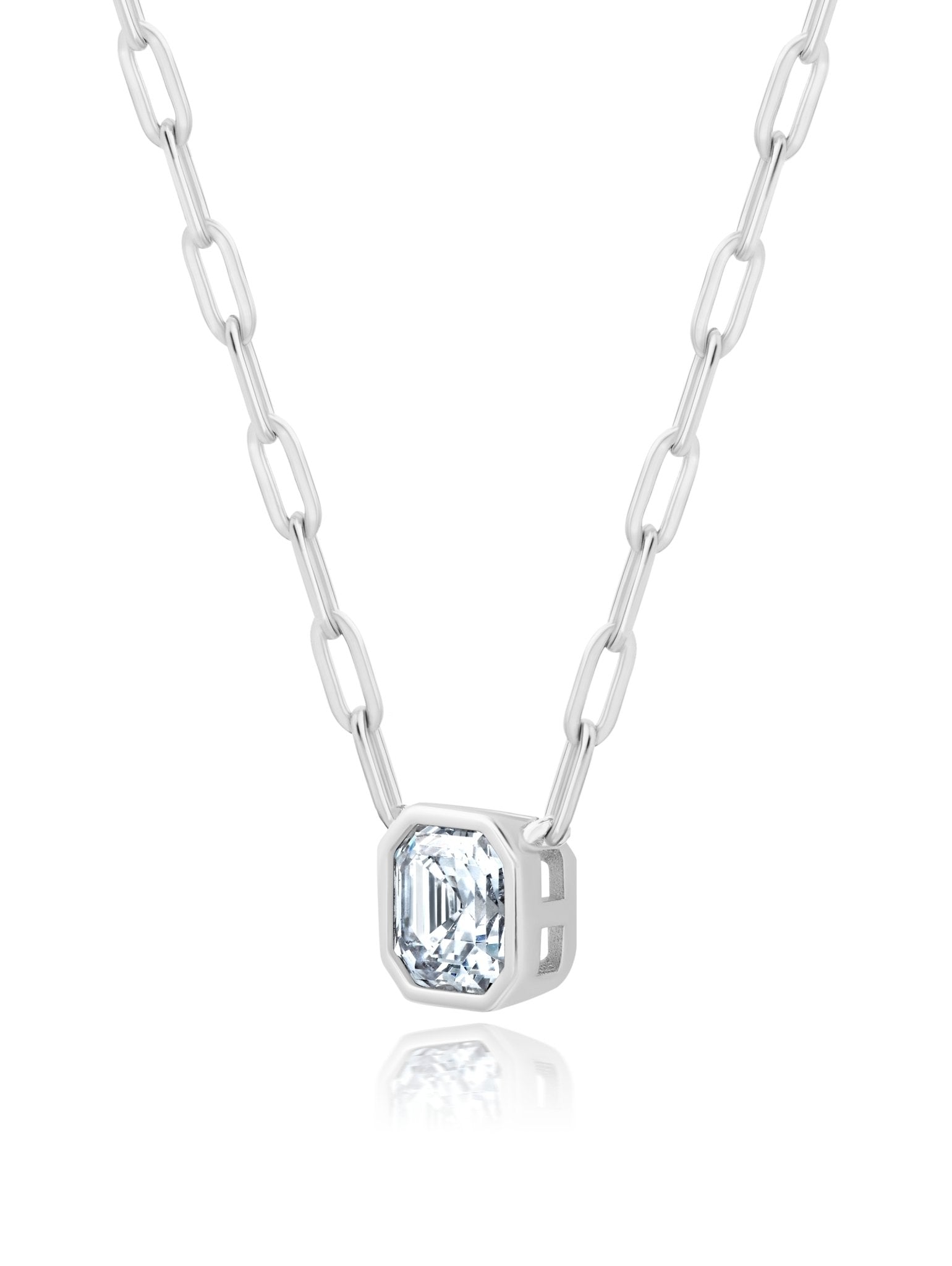 Solitaire Bezel Set Asscher Stud Necklace With Paperclip Style Chain Finished In Pure Platinum - CRISLU