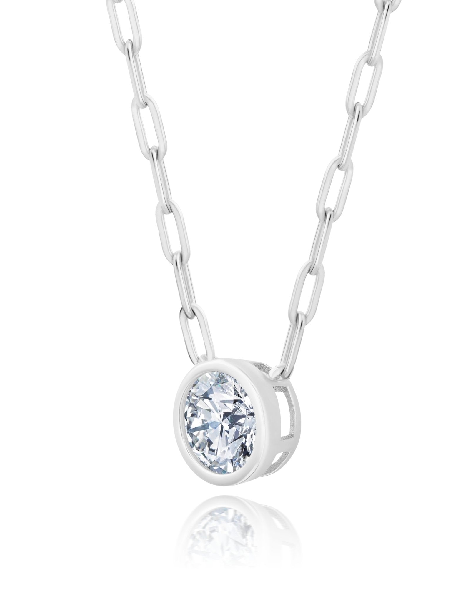 Solitaire Bezel Set Round Stud Necklace With Paperclip Style Chain Finished In Pure Platinum - CRISLU
