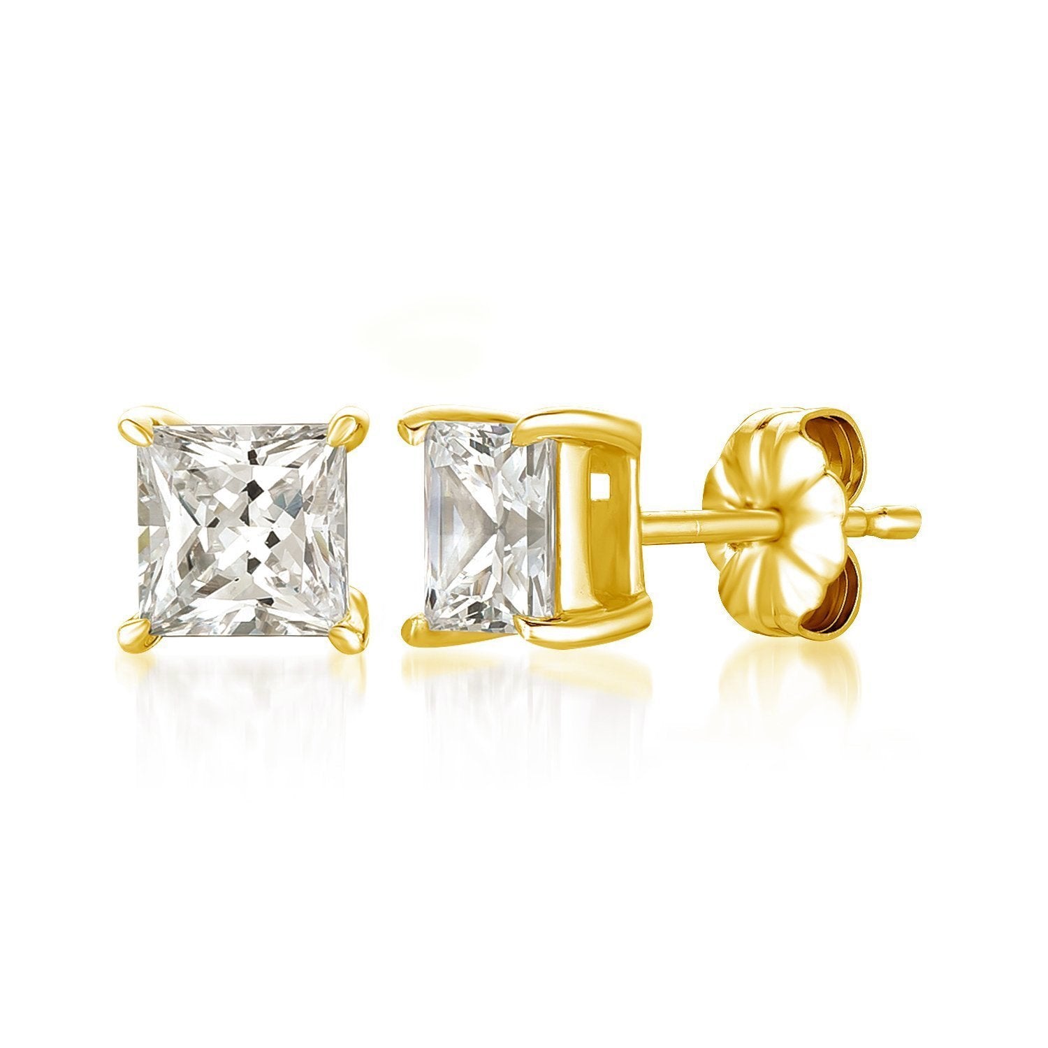 Solitaire Princess Stud Earrings Finished in 18kt Yellow Gold 3.0 Cttw - CRISLU