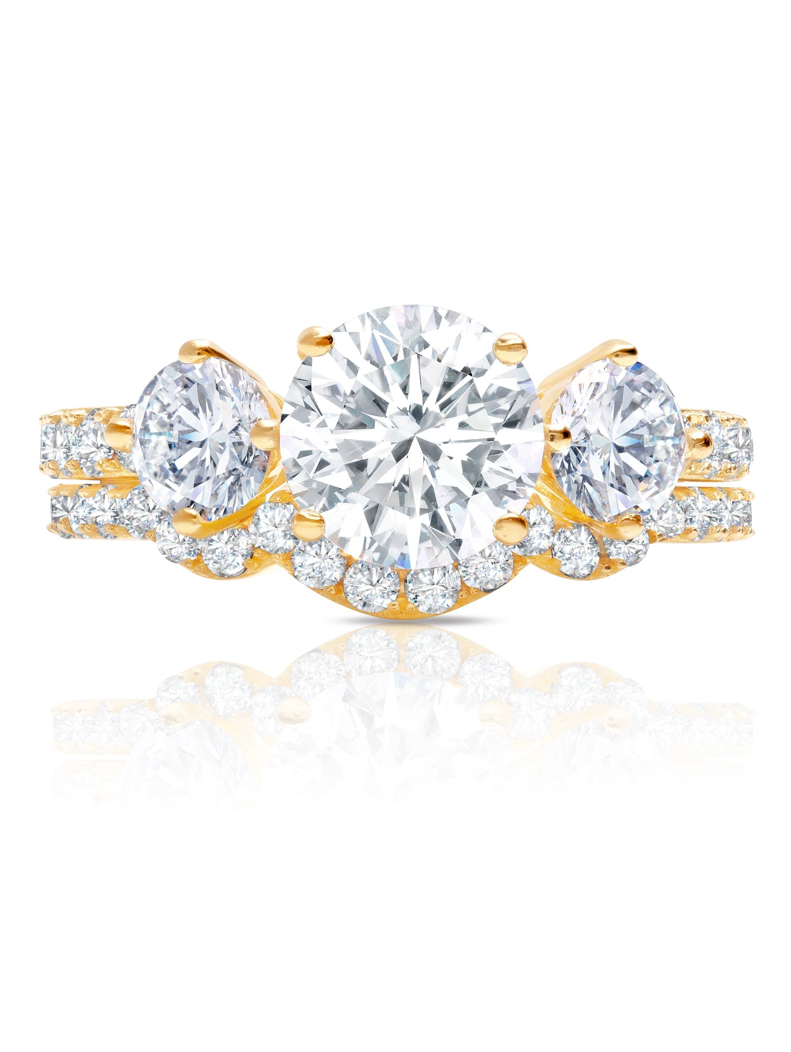 Three Stone Round Cut Ring Set Finished in 18kt Yellow Gold - CRISLU