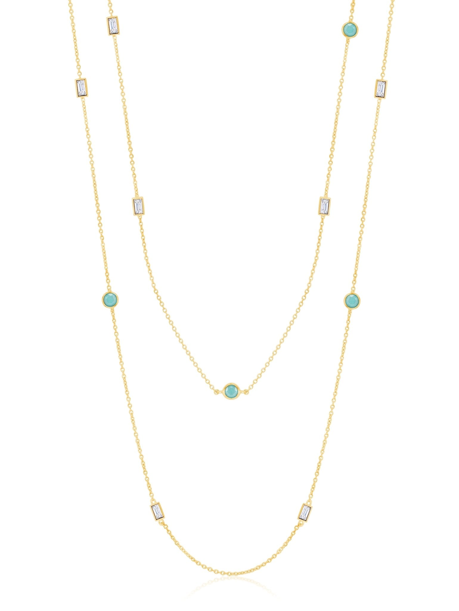 Turquoise and Baguette 36" Multi Station Necklace In 18kt Yellow Gold - CRISLU