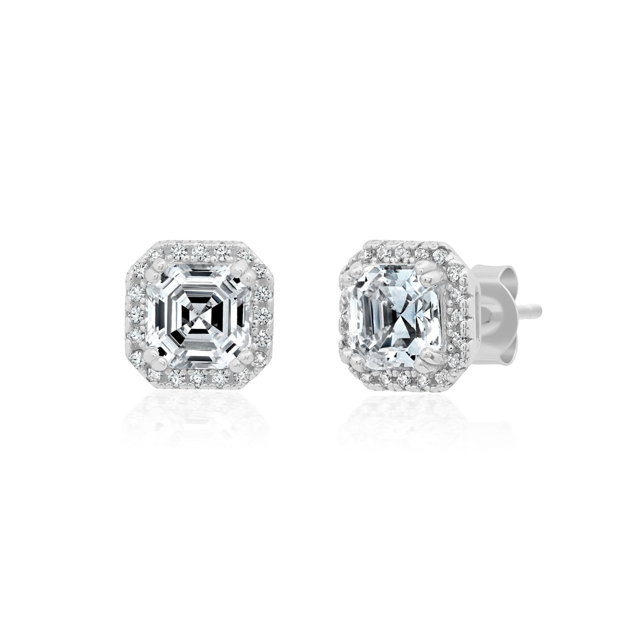 Asscher Cut Halo Stud Earrings Finished in Platinum - CRISLU