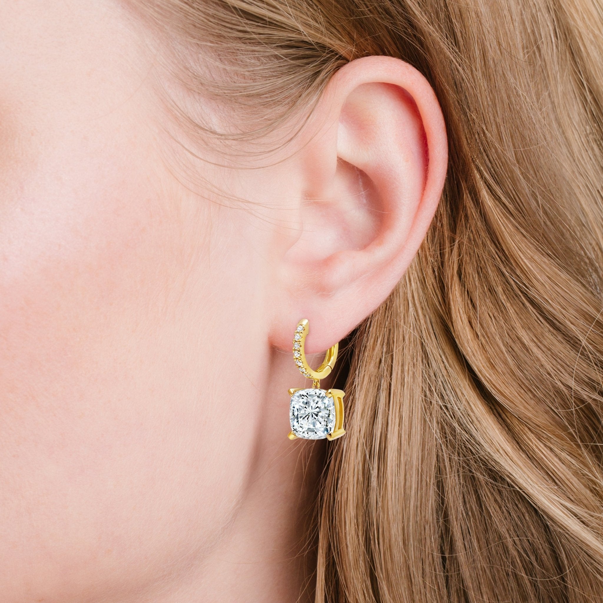 Bliss Cushion Cut Drop Earrings Finished in Gold - CRISLU