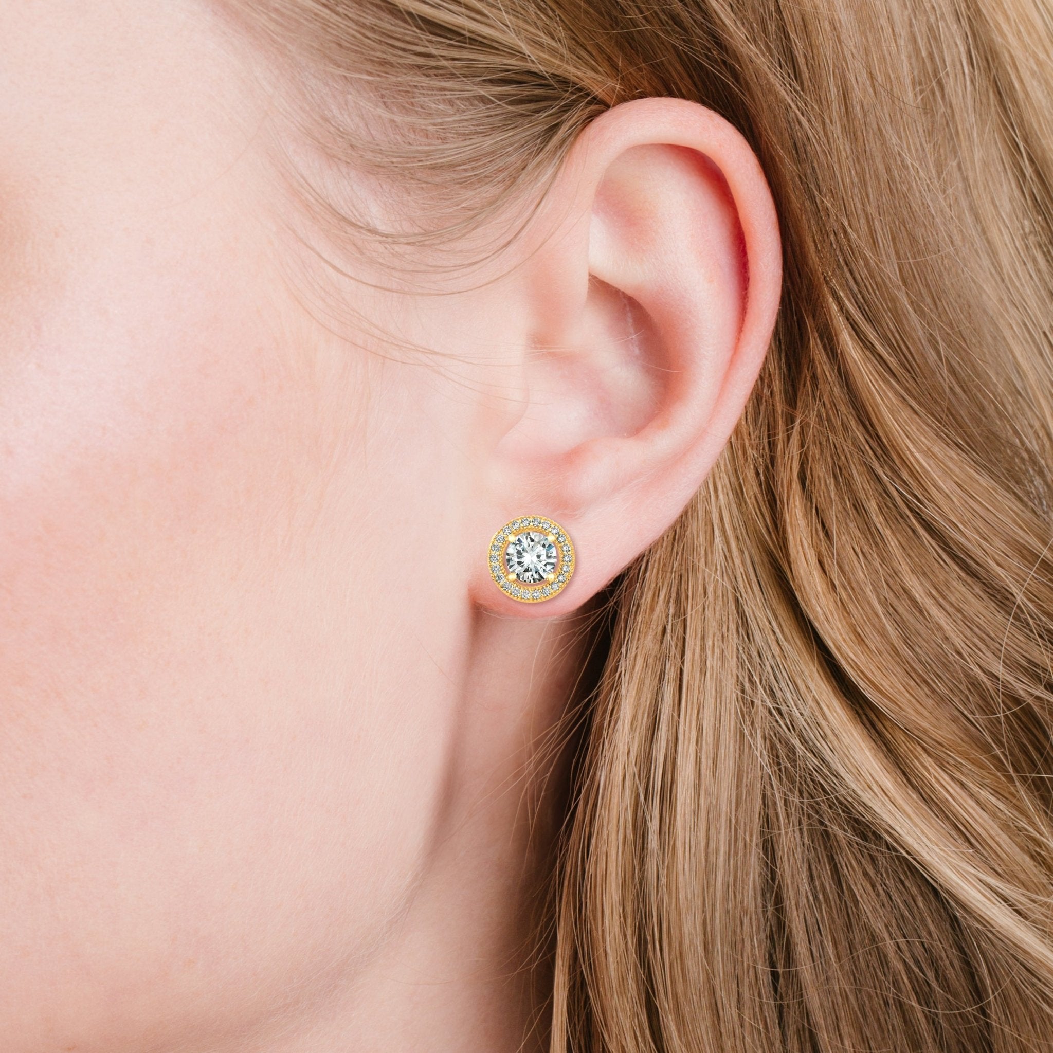 Brilliant Cut Stud Earrings With Halo Finished in 18kt Yellow Gold - CRISLU