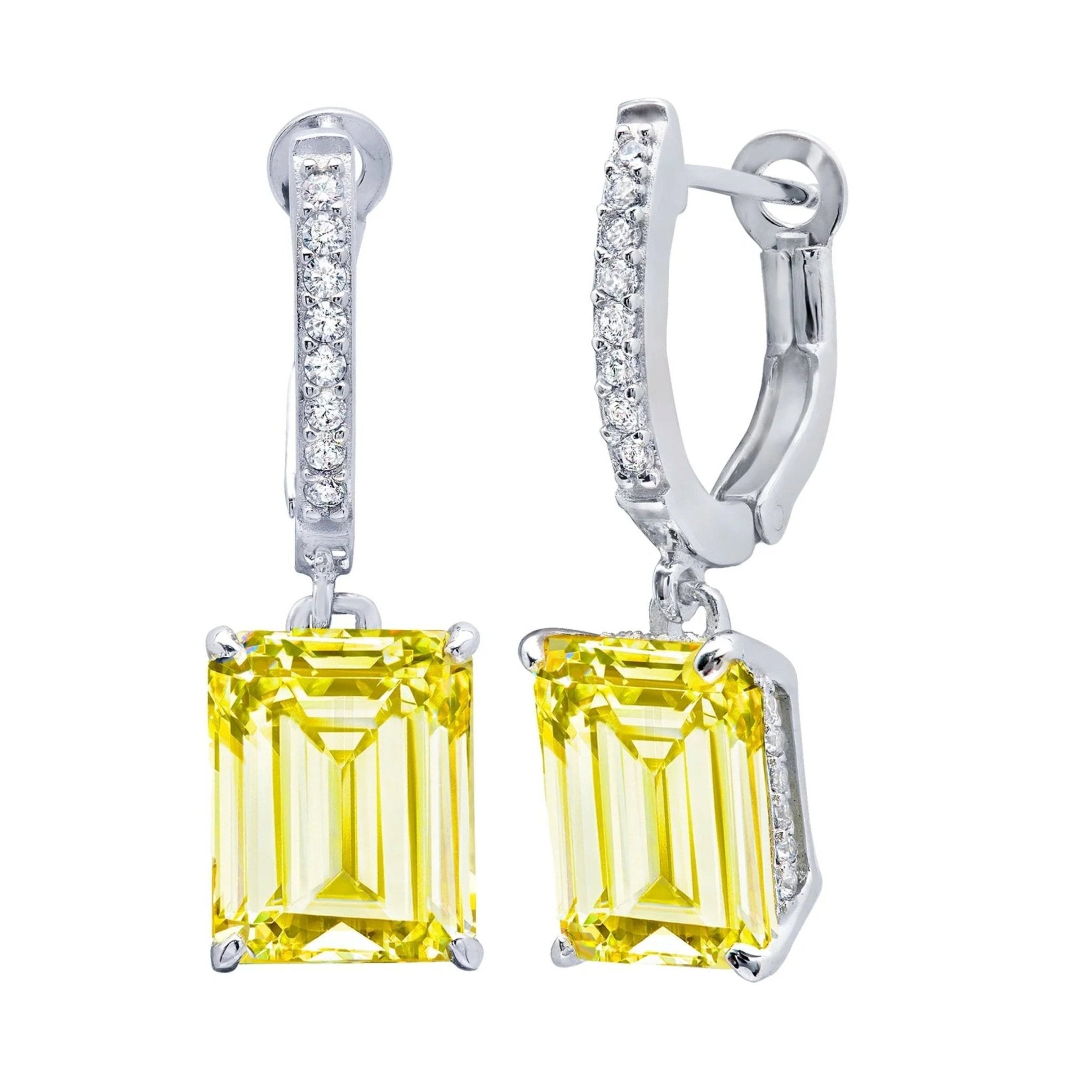 Canary Emerald Cut Drop Earrings Finished in Platinum - CRISLU