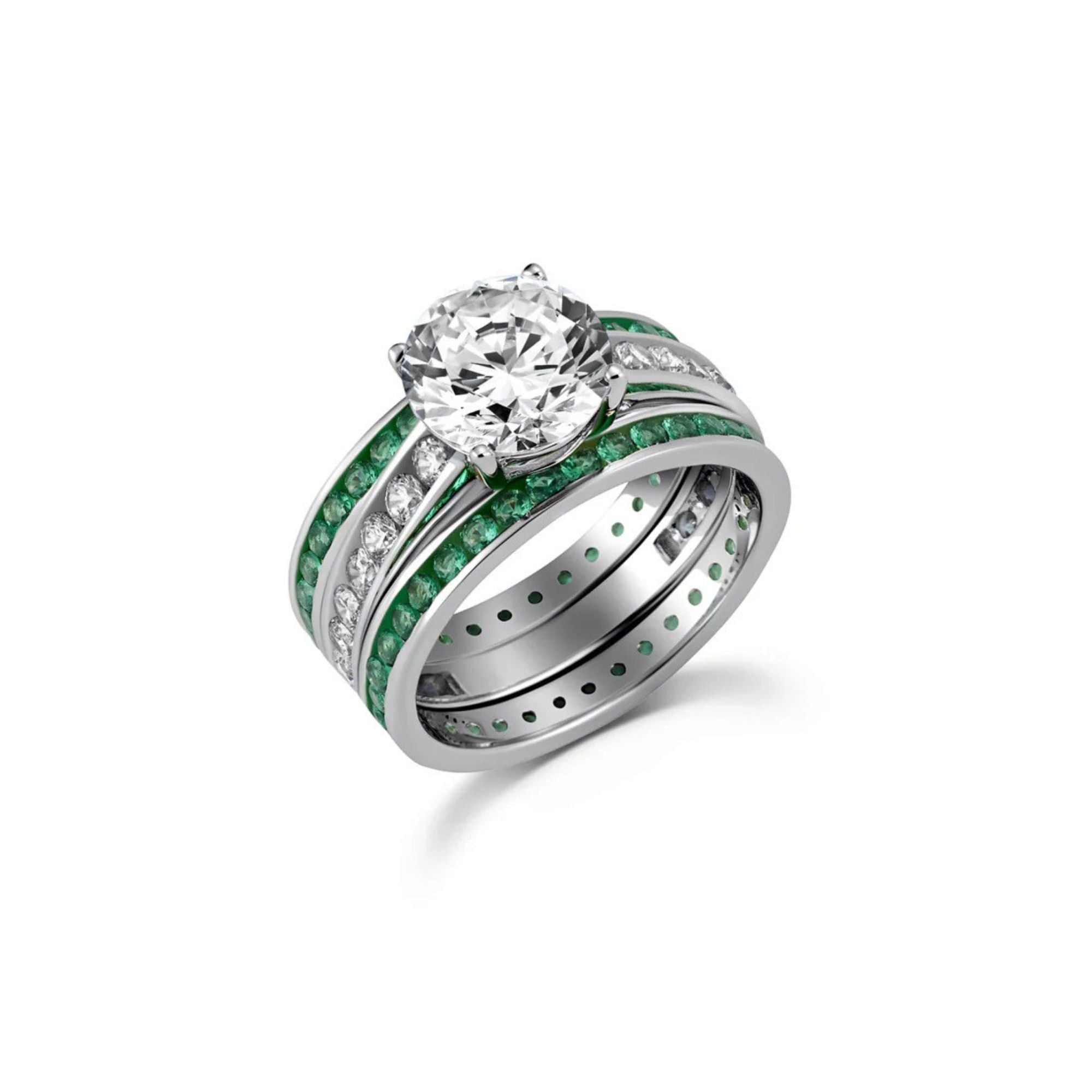 Engagement Ring Set with Emerald Bands Finished in Pure Platinum - CRISLU