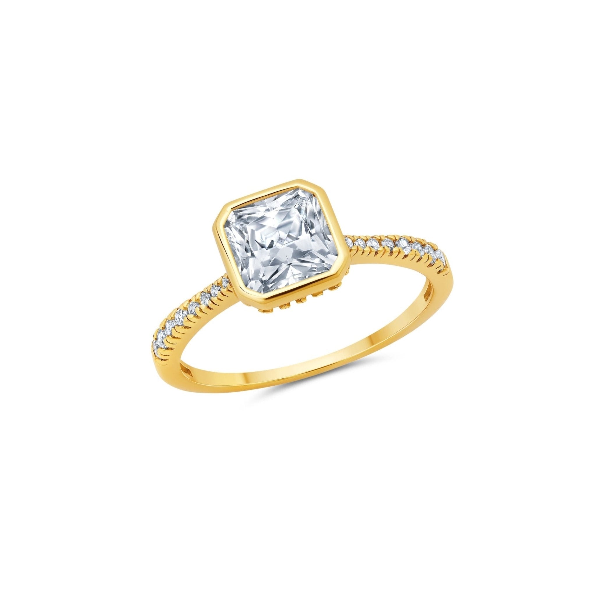 Evermore Bezel Halo Princess Solitaire Ring Finished in Gold - CRISLU
