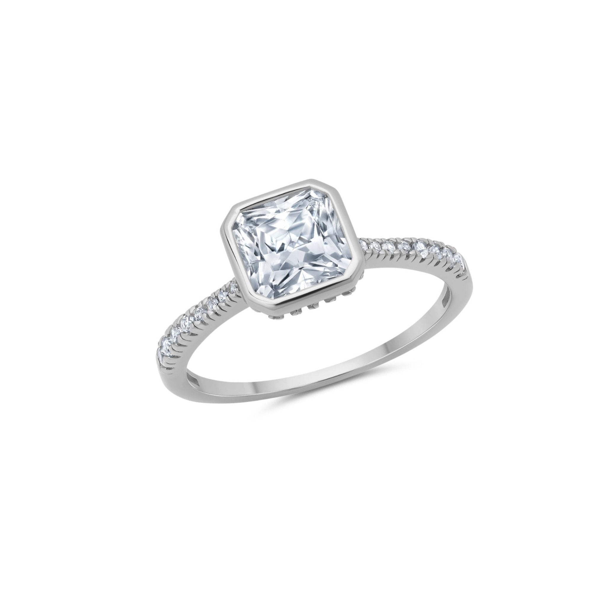 Evermore Bezel Halo Princess Solitaire Ring Finished in Platinum - CRISLU