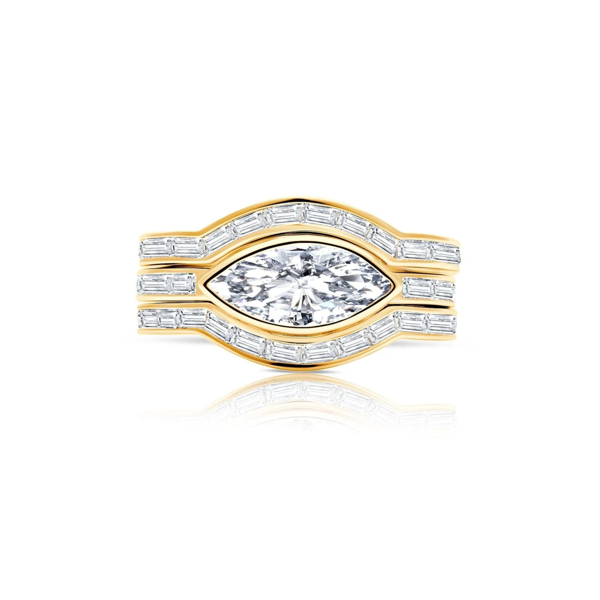 Marquise Solitaire w/ Baguette Accent Band Ring Set Finished in 18kt Yellow Gold - CRISLU
