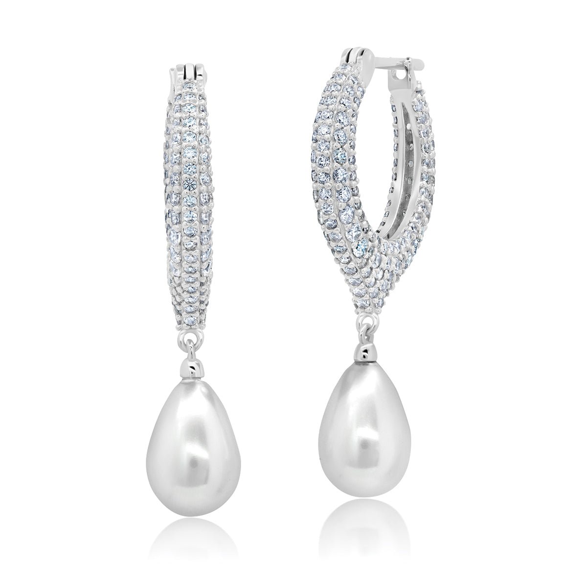 Teardrop Pearl And Pave Drop Earrings Finished in Platinum - CRISLU