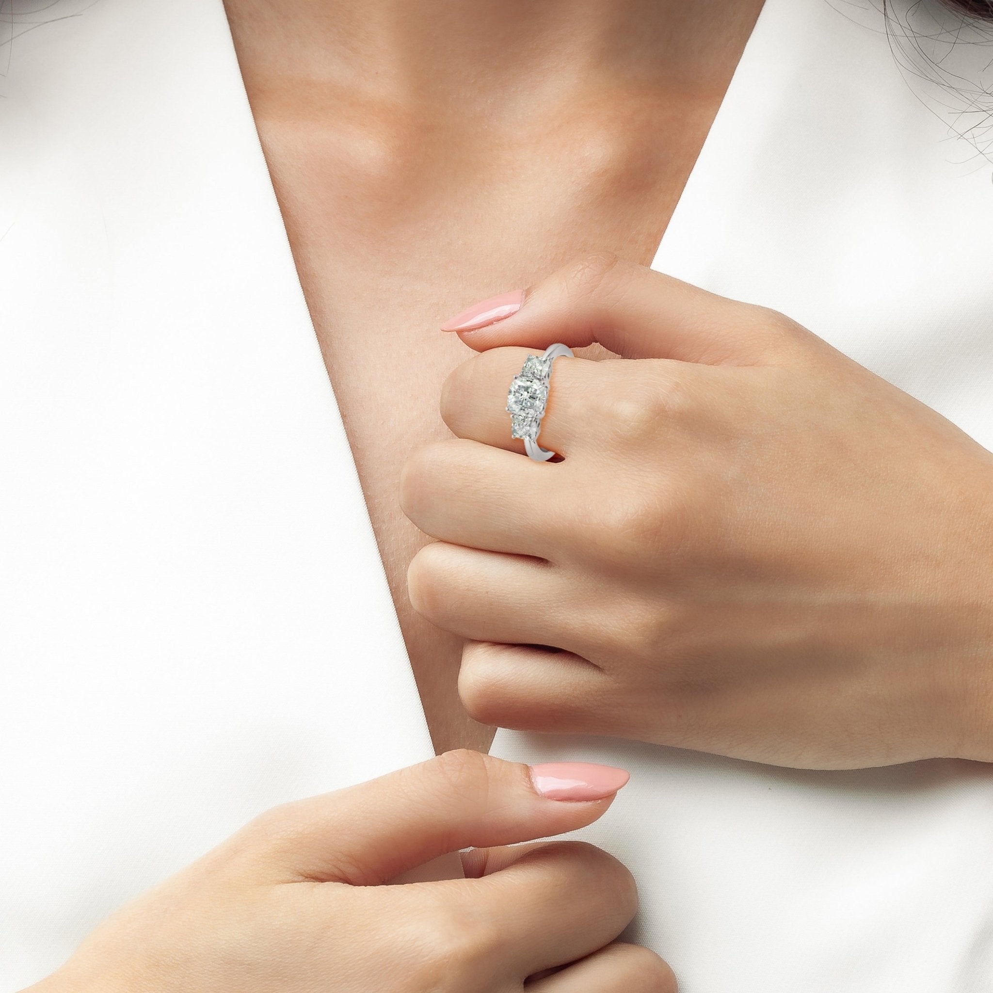 Three Stone Cushion Cut Ring Finished in Platinum - CRISLU