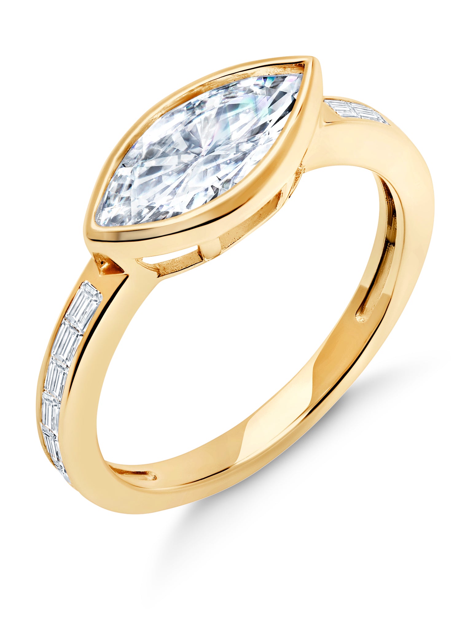 Marquise Solitaire w/ Baguette Accent Band Ring Set Finished in 18kt Yellow Gold Sale - CRISLU