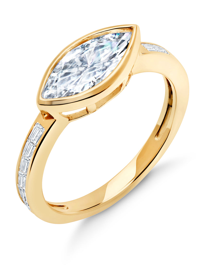 Marquise Solitaire w/ Baguette Accent Band Ring Set Finished in 18kt Yellow Gold