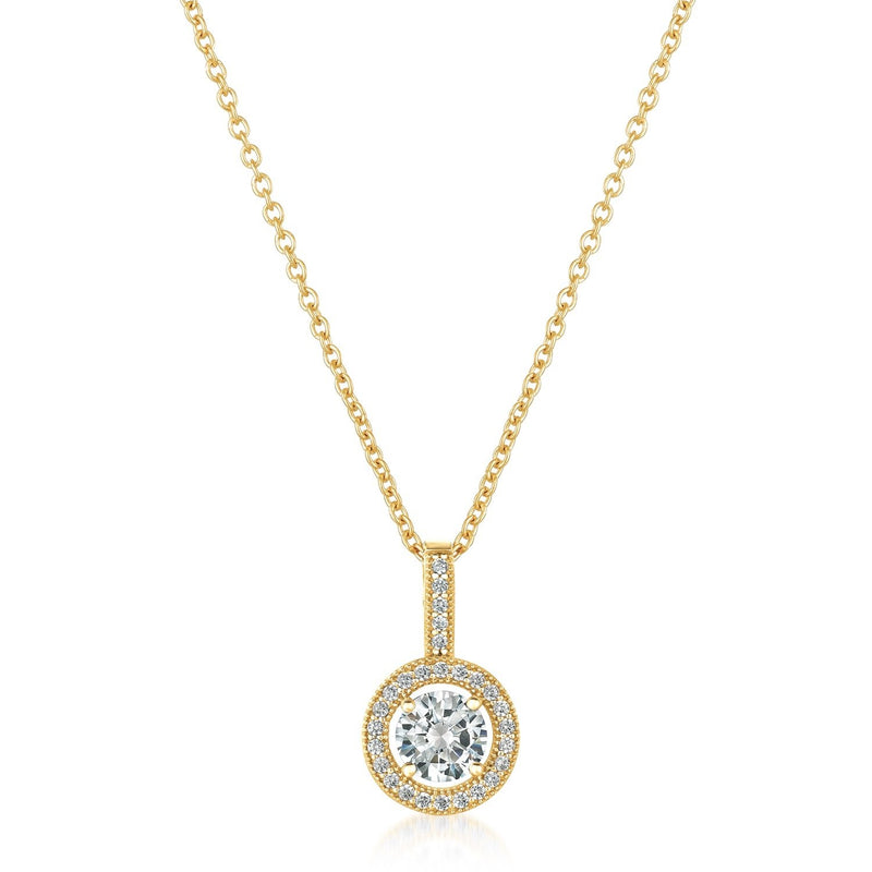 Brilliant Cut Halo Pendant Finished in 18kt Yellow Gold - CRISLU