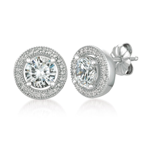 Brilliant Cut Stud Earrings with Halo Finished in Pure Platinum - CRISLU