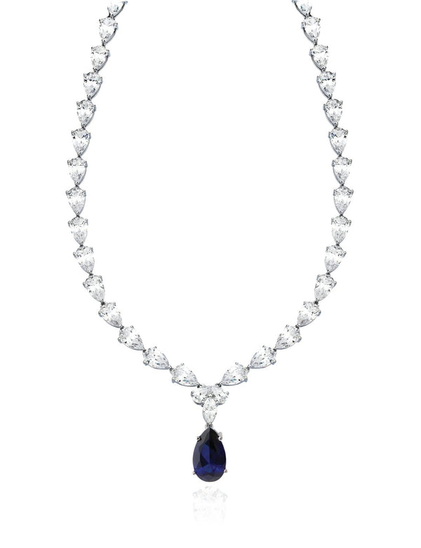 Classic Pear Tennis Necklace Finished in Pure Platinum With Sapphire - 16" - CRISLU