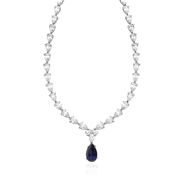 Classic Pear Tennis Necklace Finished in Pure Platinum With Sapphire - CRISLU